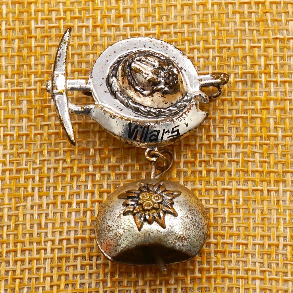 50's Vintage Villars Switzerland Alpine Climbers Tools Bell Hat Lapel Metal Pin